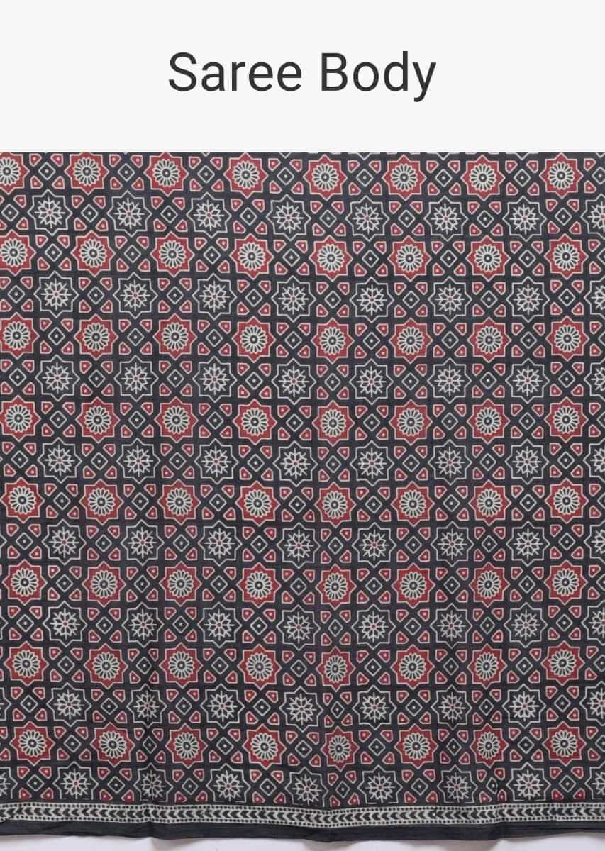 Black Saree In Cotton With Colorful Geometric And Floral Jaal Print All Over Online - Kalki Fashion