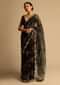Black Saree In Organza With Floral Print All Over And Moti Embroidered Border Along With Unstitched Blouse