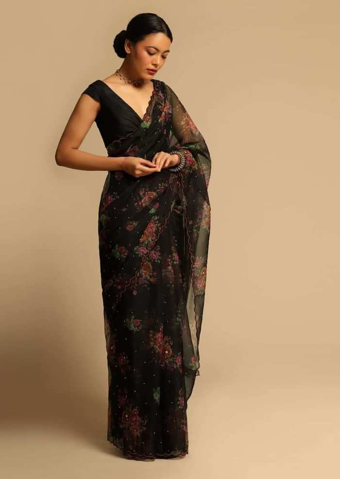 Black Saree In Organza With Floral Print All Over And Scalloped Resham Border Along With Unstitched Blouse