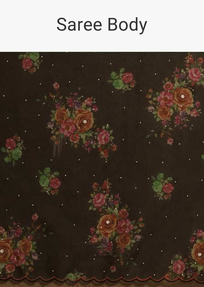 Black Saree In Organza With Floral Print All Over And Scalloped Resham Border Along With Unstitched Blouse