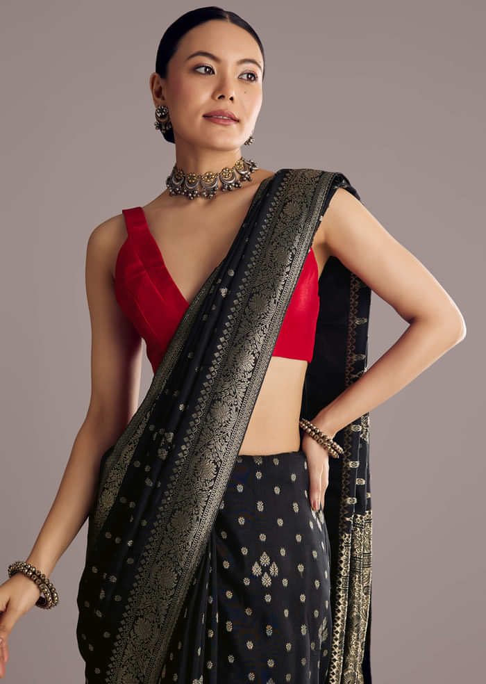Black Saree With Woven Buttis In Brocade Weave
