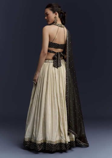 Black Satin Bridesmaid Lehenga With Hand Dyed Chevron Print Choli