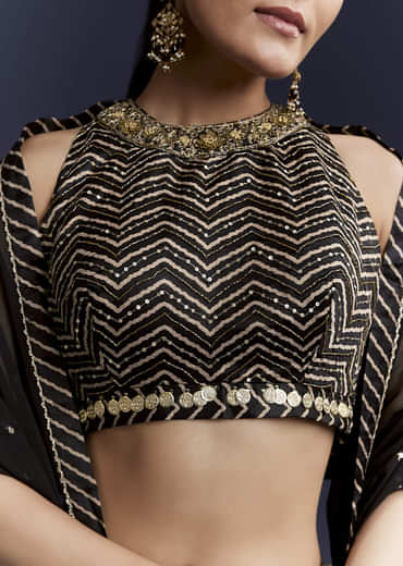 Black Satin Bridesmaid Lehenga With Hand Dyed Chevron Print Choli