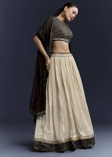Black Satin Bridesmaid Lehenga With Hand Dyed Chevron Print Choli