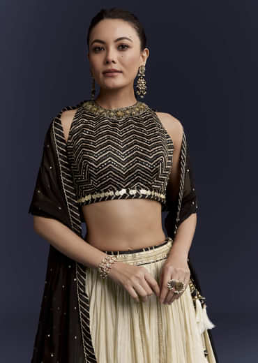 Black Satin Bridesmaid Lehenga With Hand Dyed Chevron Print Choli