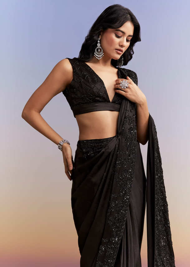 Black Satin Chinon Saree With Heavy Hand Embroidery Black Satin Chinon Saree With Heavy Hand Embroidery