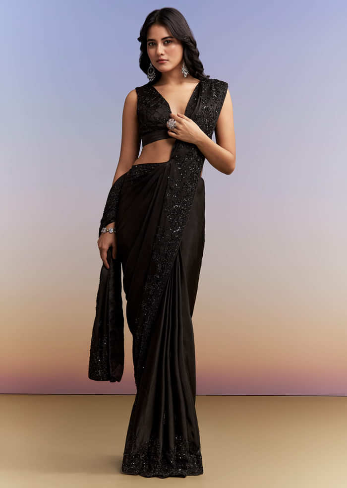 Black Satin Chinon Saree With Heavy Hand Embroidery