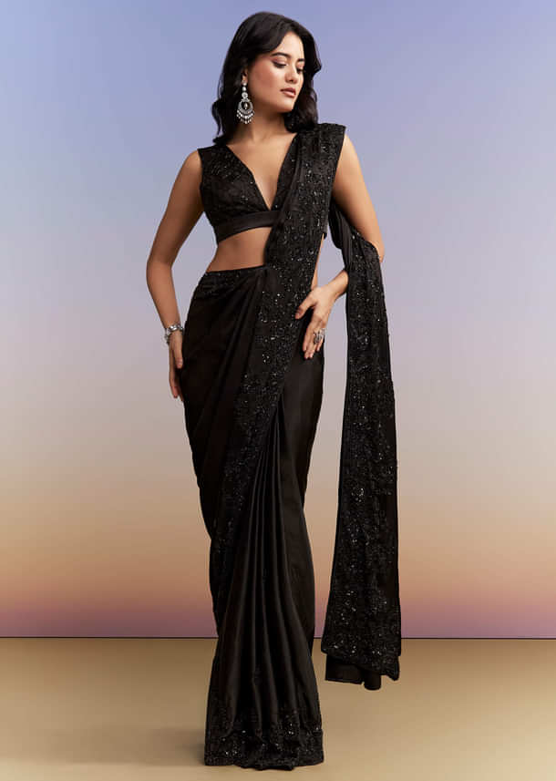 Black Satin Chinon Saree With Heavy Hand Embroidery Black Satin Chinon Saree With Heavy Hand Embroidery