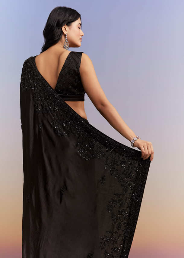 Black Satin Chinon Saree With Heavy Hand Embroidery Black Satin Chinon Saree With Heavy Hand Embroidery