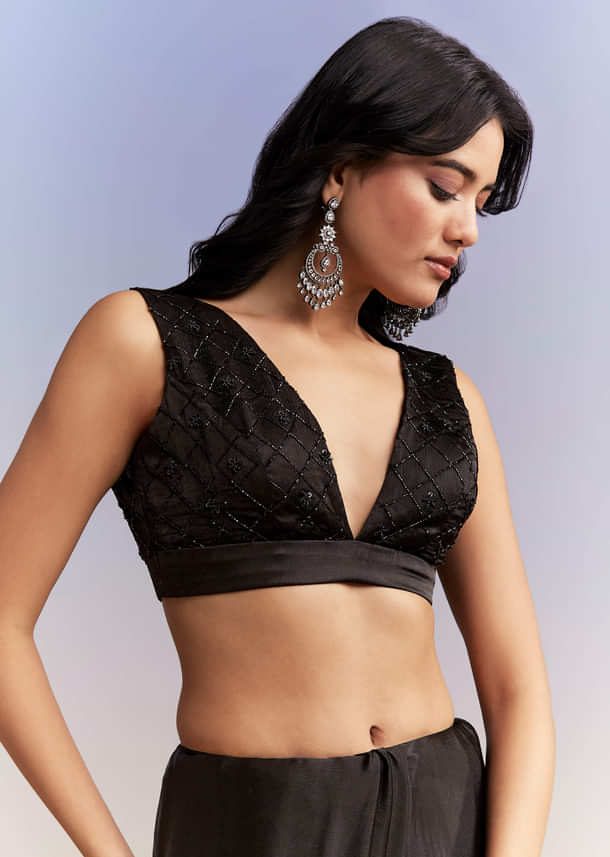 Black Satin Chinon Saree With Heavy Hand Embroidery Black Satin Chinon Saree With Heavy Hand Embroidery