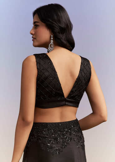 Black Satin Chinon Saree With Heavy Hand Embroidery