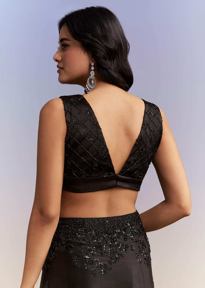 Black Satin Chinon Saree With Heavy Hand Embroidery