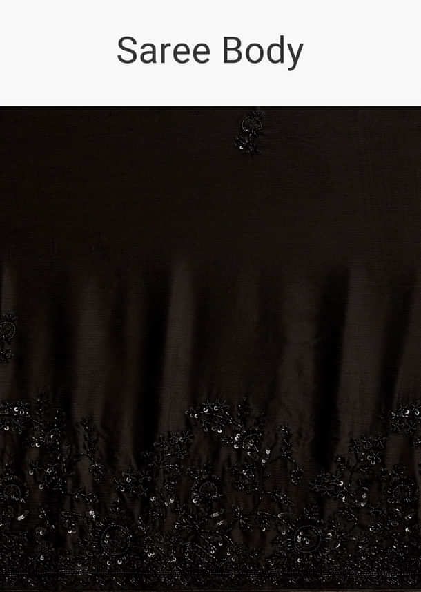 Black Satin Chinon Saree With Heavy Hand Embroidery Black Satin Chinon Saree With Heavy Hand Embroidery