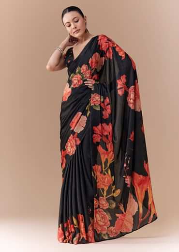 Black Satin Floral Printed Saree with Blouse Fabric
