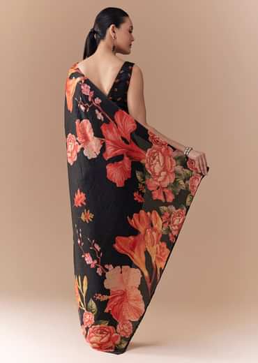 Black Satin Floral Printed Saree with Blouse Fabric