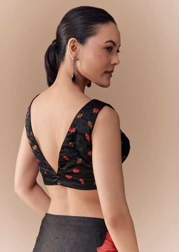 Black Satin Floral Printed Saree with Blouse Fabric