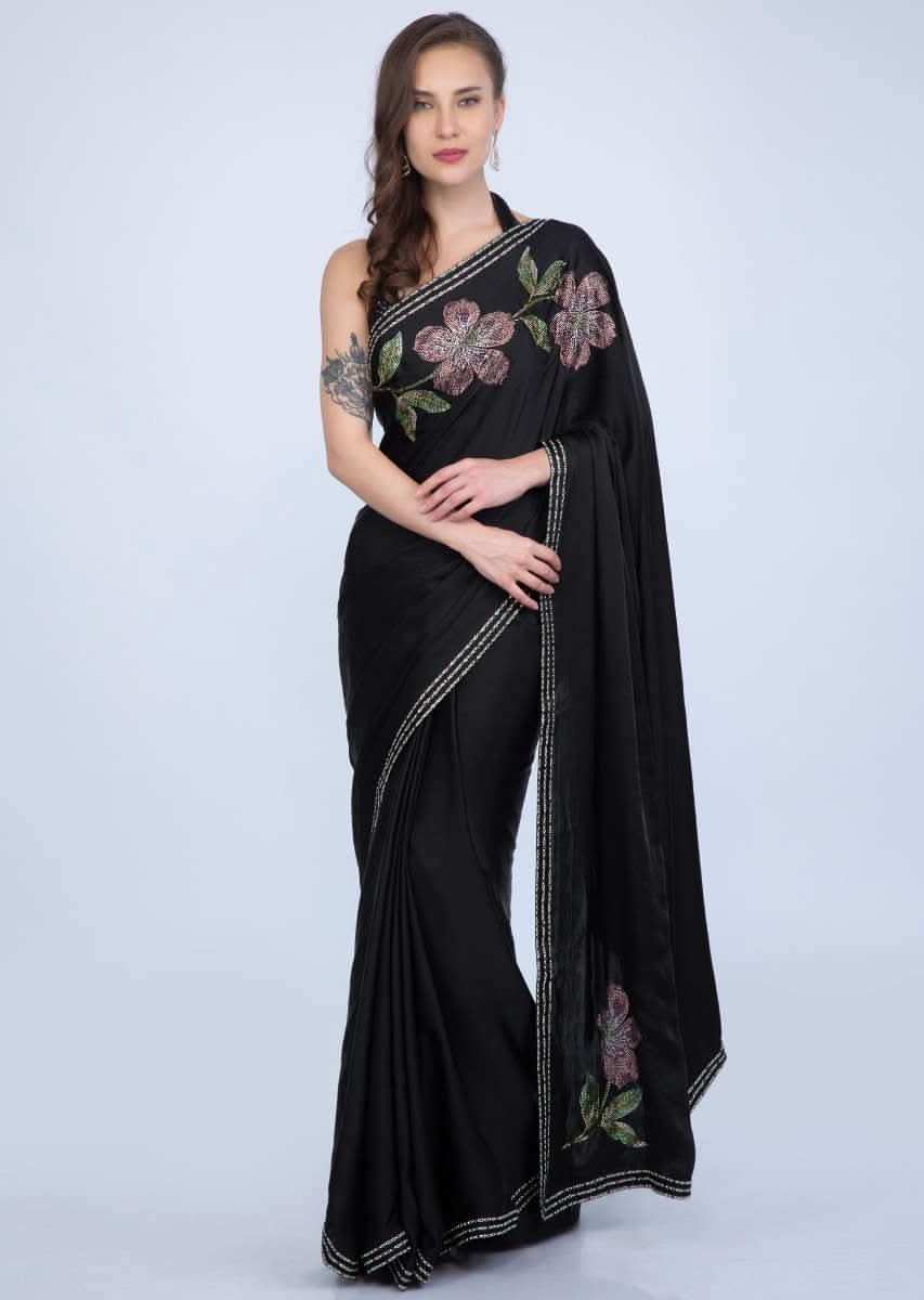 Black satin saree with multi color floral kundan work only on Kalki