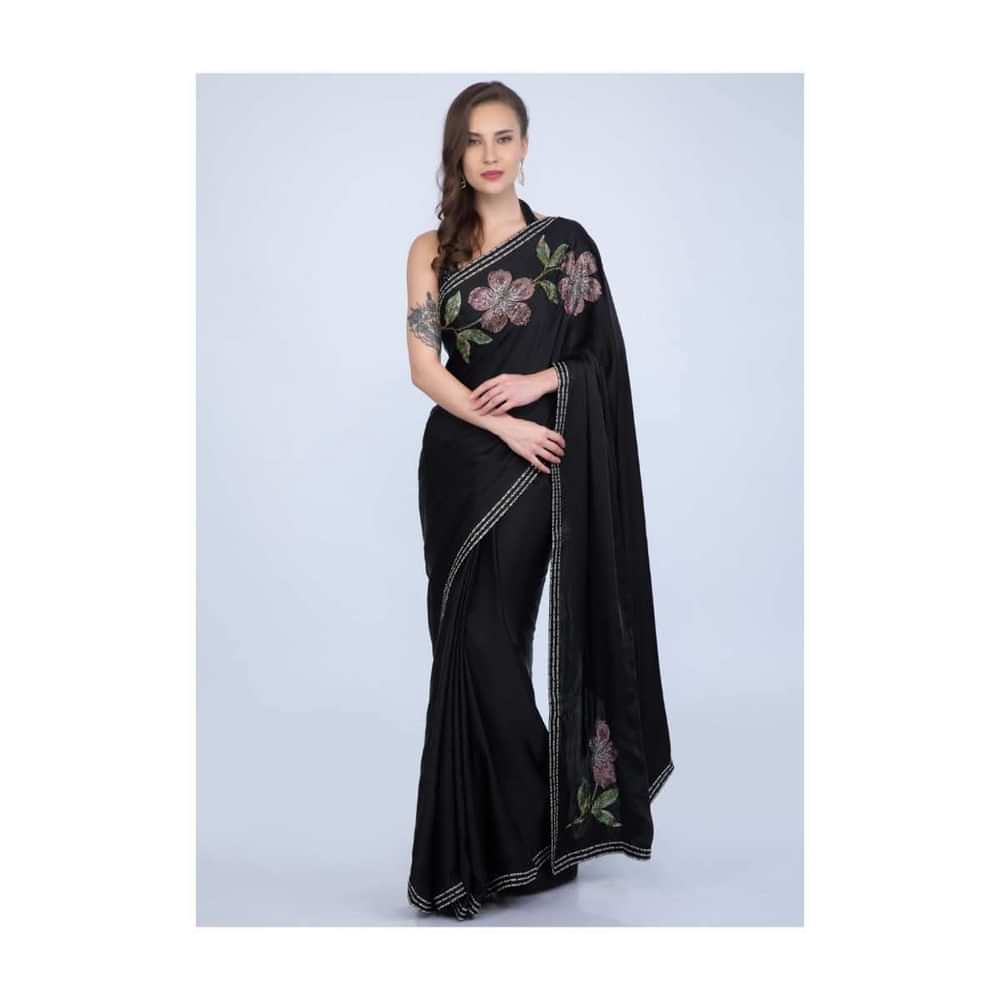 Black satin saree with multi color floral kundan work only on Kalki