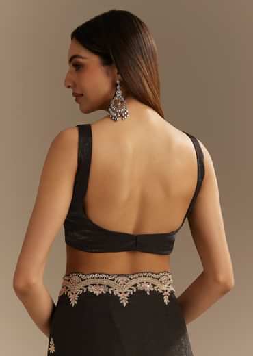 Black Satin Saree With Zardosi Sequins And Scallop Border