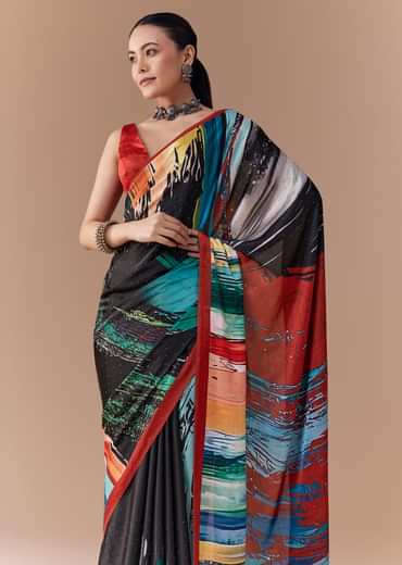 Black Satin Striped Printed Saree with Blouse Fabric