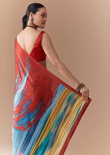 Black Satin Striped Printed Saree with Blouse Fabric