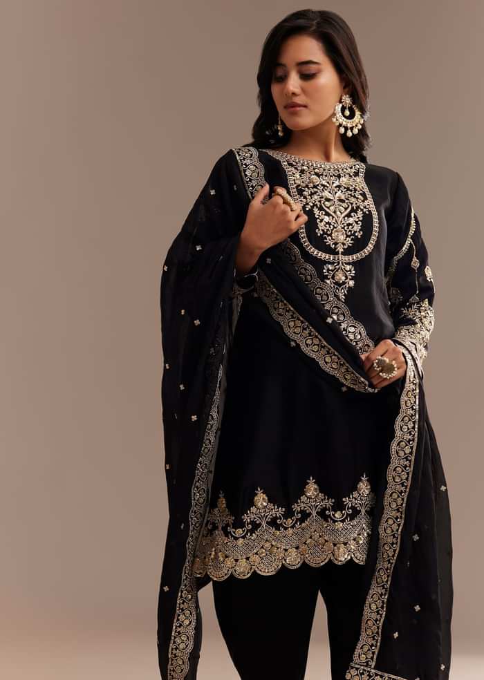Black Satin Zari Embroidered Dhoti Kurta Set