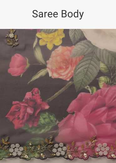 Black Organza Saree With Floral Print And Scallop Borders Black Organza Saree With Floral Print And Scallop Borders