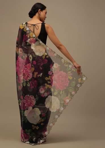 Black Organza Saree With Floral Print And Scallop Borders Black Organza Saree With Floral Print And Scallop Borders