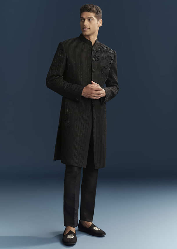 Black Silk Indo Western Set For Men With Patch Work And Embroidery Black Silk Indo Western Set For Men With Patch Work And Embroidery