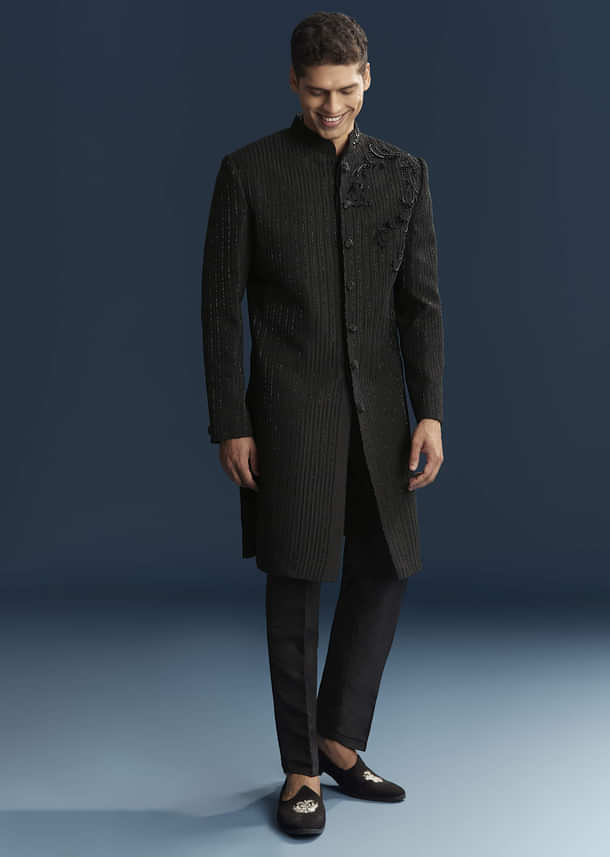 Black Silk Indo Western Set For Men With Patch Work And Embroidery Black Silk Indo Western Set For Men With Patch Work And Embroidery