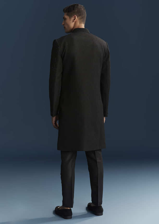 Black Silk Indo Western Set For Men With Patch Work And Embroidery Black Silk Indo Western Set For Men With Patch Work And Embroidery
