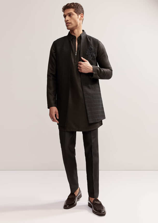 Black Silk Kurta Jacket Set For Men With Cutdana Embroidery Black Silk Kurta Jacket Set For Men With Cutdana Embroidery