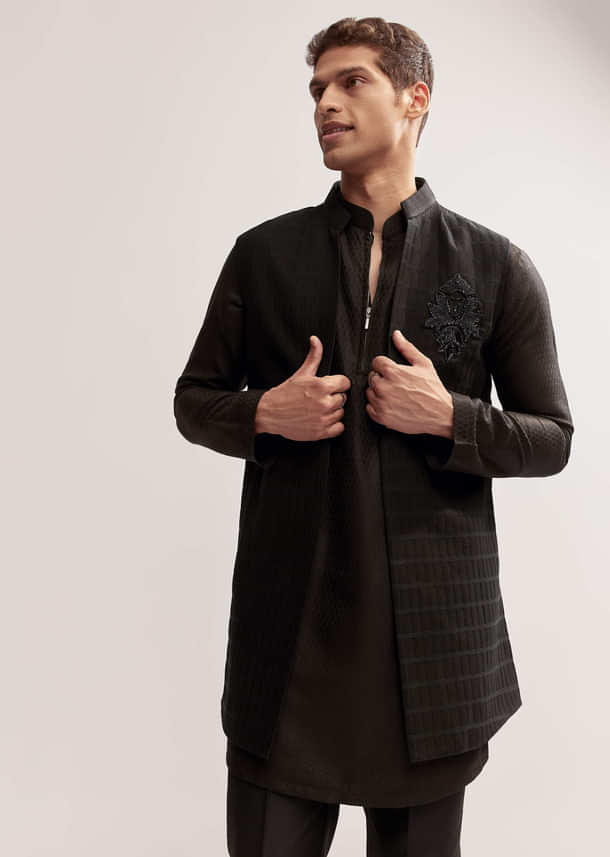 Black Silk Kurta Jacket Set For Men With Cutdana Embroidery Black Silk Kurta Jacket Set For Men With Cutdana Embroidery