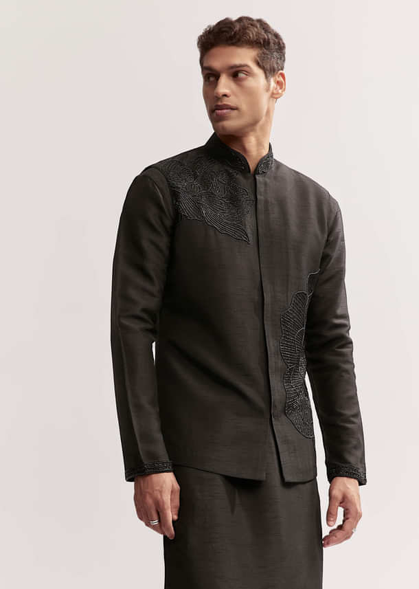 Black Silk Kurta Jacket Set For Men With Floral Cutdana Work Black Silk Kurta Jacket Set For Men With Floral Cutdana Work