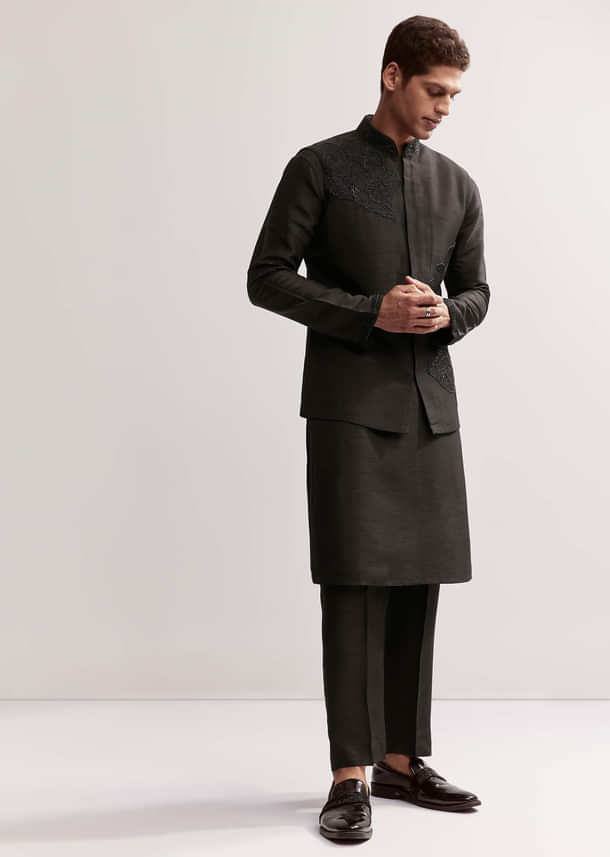 Black Silk Kurta Jacket Set For Men With Floral Cutdana Work Black Silk Kurta Jacket Set For Men With Floral Cutdana Work