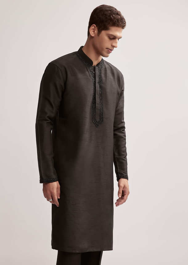 Black Silk Kurta Jacket Set For Men With Floral Cutdana Work Black Silk Kurta Jacket Set For Men With Floral Cutdana Work