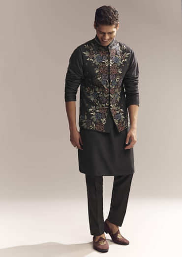 Black Silk Kurta Jacket Set For Men With Heavy Embroidery