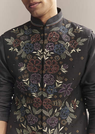 Black Silk Kurta Jacket Set For Men With Heavy Embroidery