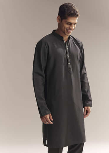 Black Silk Kurta Jacket Set For Men With Heavy Embroidery