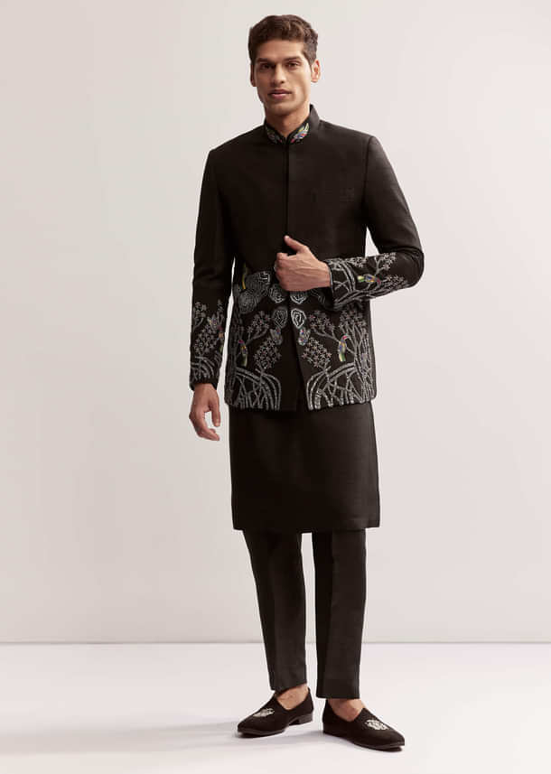 Black Silk Kurta Jacket Set For Men With Zardosi Embroidery Black Silk Kurta Jacket Set For Men With Zardosi Embroidery