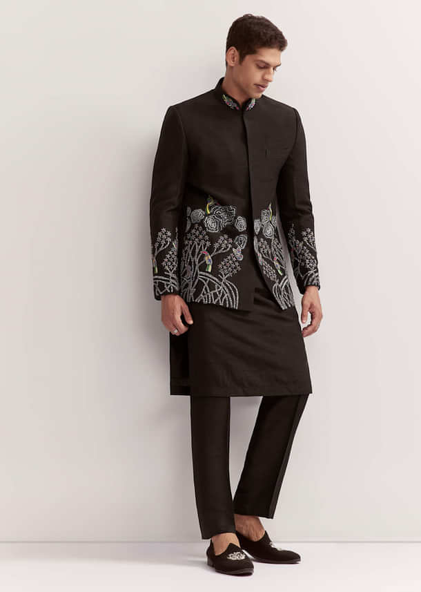 Black Silk Kurta Jacket Set For Men With Zardosi Embroidery Black Silk Kurta Jacket Set For Men With Zardosi Embroidery