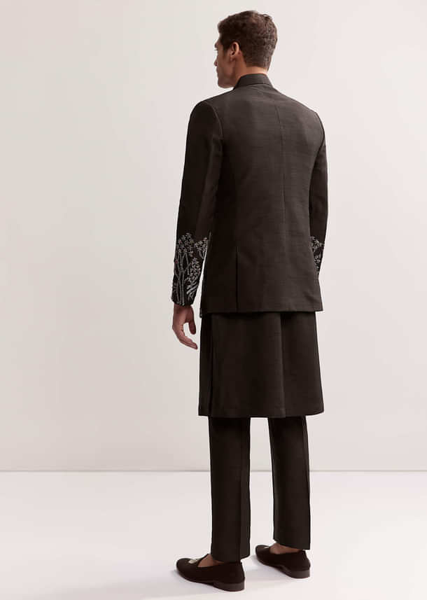 Black Silk Kurta Jacket Set For Men With Zardosi Embroidery Black Silk Kurta Jacket Set For Men With Zardosi Embroidery