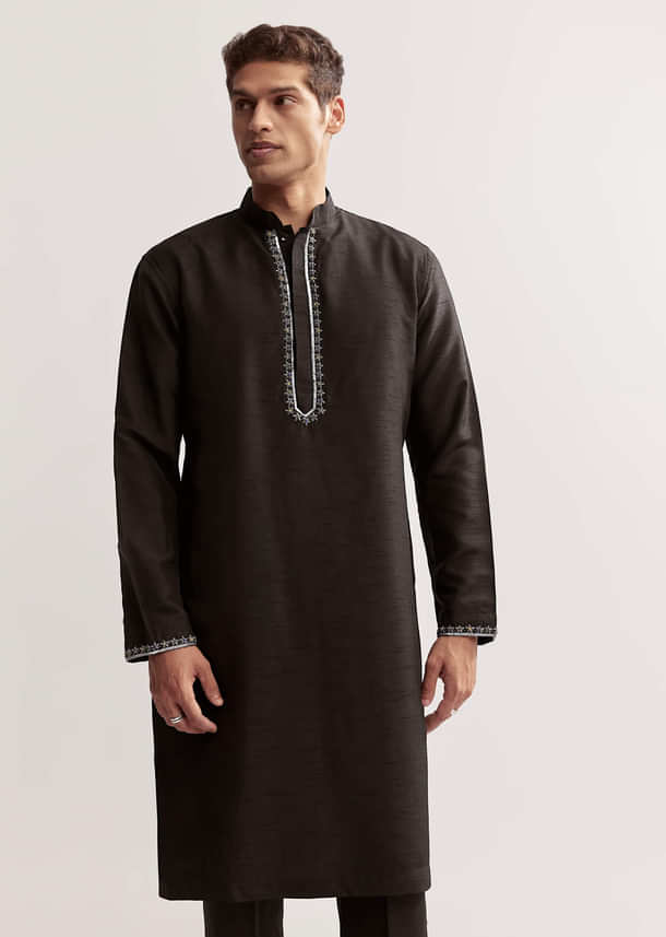 Black Silk Kurta Jacket Set For Men With Zardosi Embroidery Black Silk Kurta Jacket Set For Men With Zardosi Embroidery