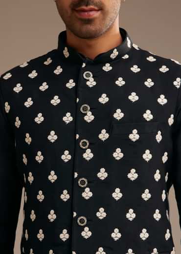 Black Silk Kurta Jacket Set With Embroidered Jacket