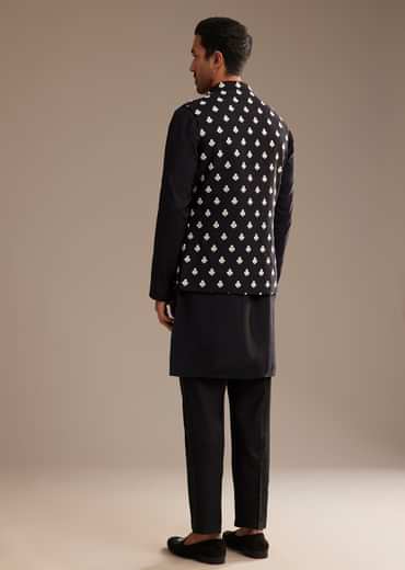 Black Silk Kurta Jacket Set With Embroidered Jacket
