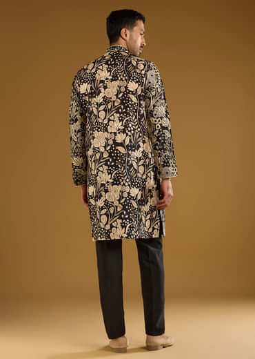 Black Silk Kurta Set For Men With Mirror Work