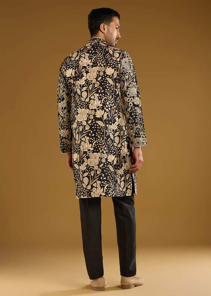 Black Silk Kurta Set For Men With Mirror Work