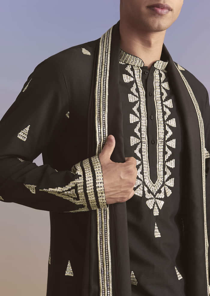 Black Silk Kurta Set For Men With Zari And Sequins Work