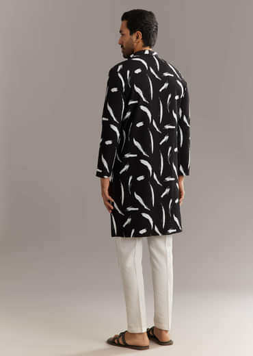 Black Silk Kurta Set With Abstract Prints