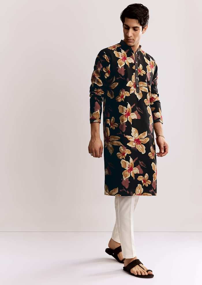 Black Silk Kurta Set With Floral Print